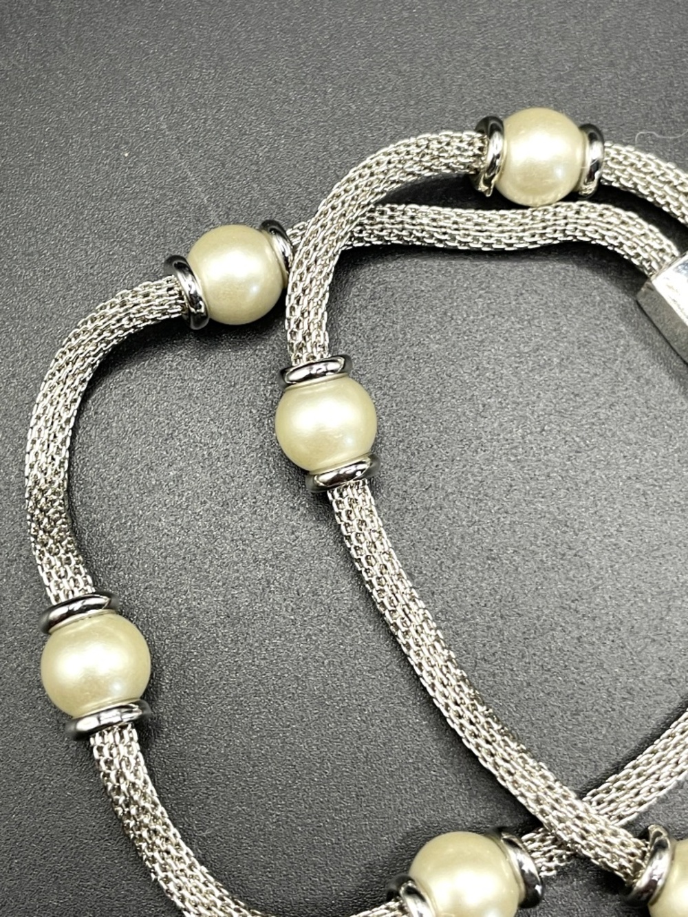 Anne Klein 3 Row Silver Tone Mesh Faux Pearl Bracelet 7 1/2" - Picture 10 of 14